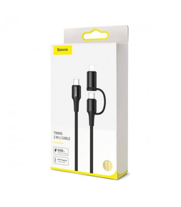 کابل Type-C به Type-C / Lightning دو کاره فست شارژ باسئوس مدل Twins 2 in 1 CATLYW-H01 طول 1 متر