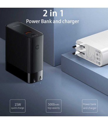 پاوربانک 5000 میلی آمپر ساعت و شارژر دیواری باسئوس مدل Power station QC3.0 2 in 1 PPNLD-01