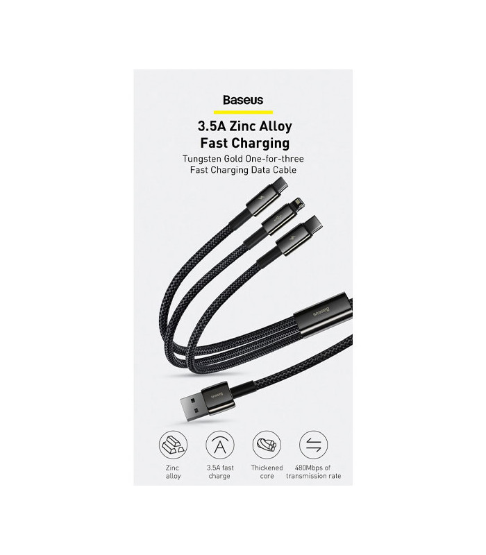 کابل سه سر باسئوس مدل Tungsten Gold USB to M+L+C CAMLTWJ-01 طول 1.5 متر