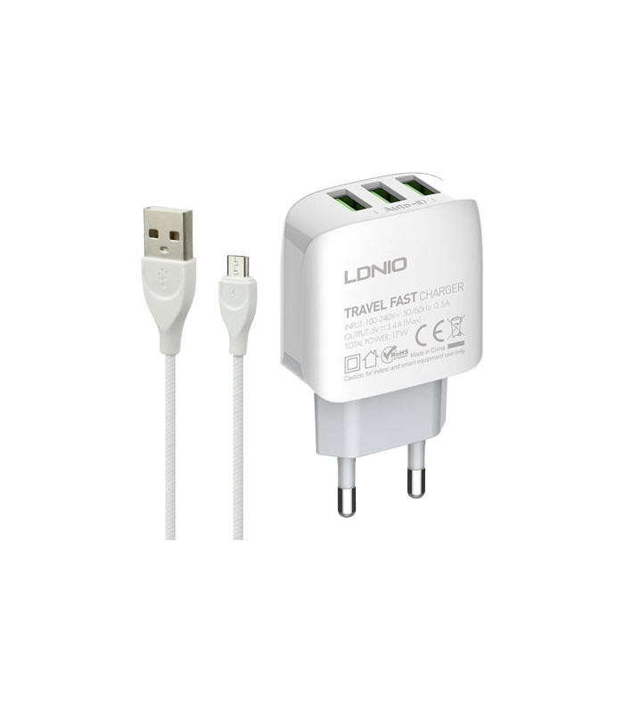 شارژر دیواری الدینیو مدل A3312 Fast Wall Charger Triple USB 17W همراه کابل