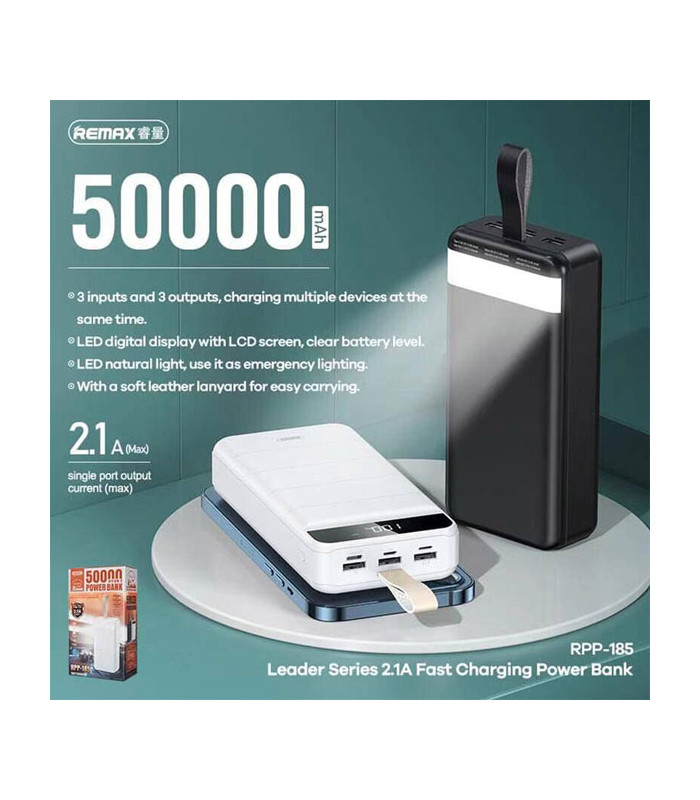 پاوربانک ریمکس مدل RPP-185 Leader Series Fast Charging با ظرفيت 50000 ميلی آمپر ساعت