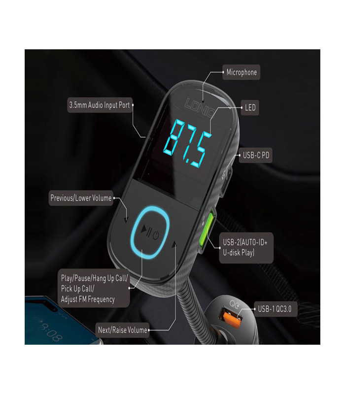 شارژر فندکی و پخش کننده بلوتوث الدینیو مدل C705Q Bluetooth FM Transmitter توان 43 وات