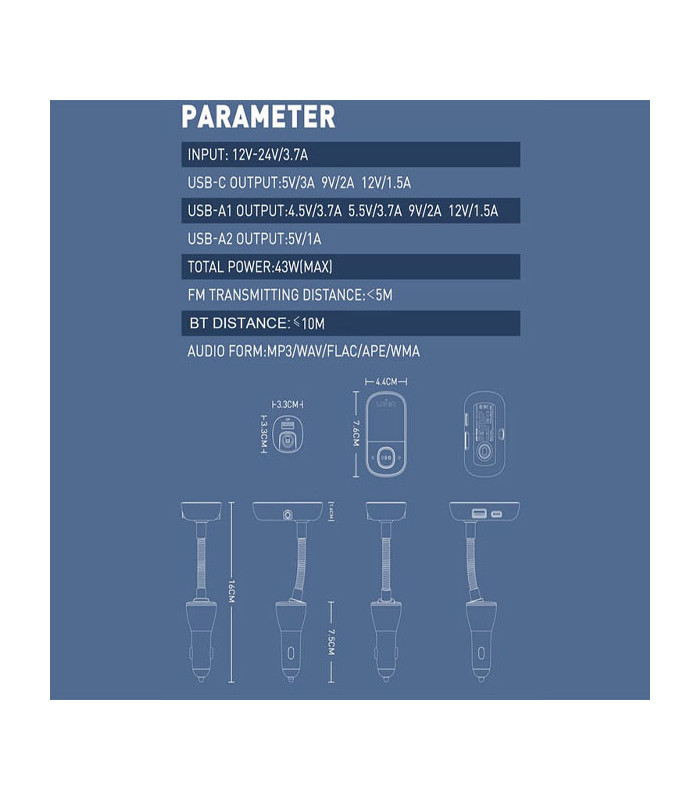 شارژر فندکی و پخش کننده بلوتوث الدینیو مدل C705Q Bluetooth FM Transmitter توان 43 وات