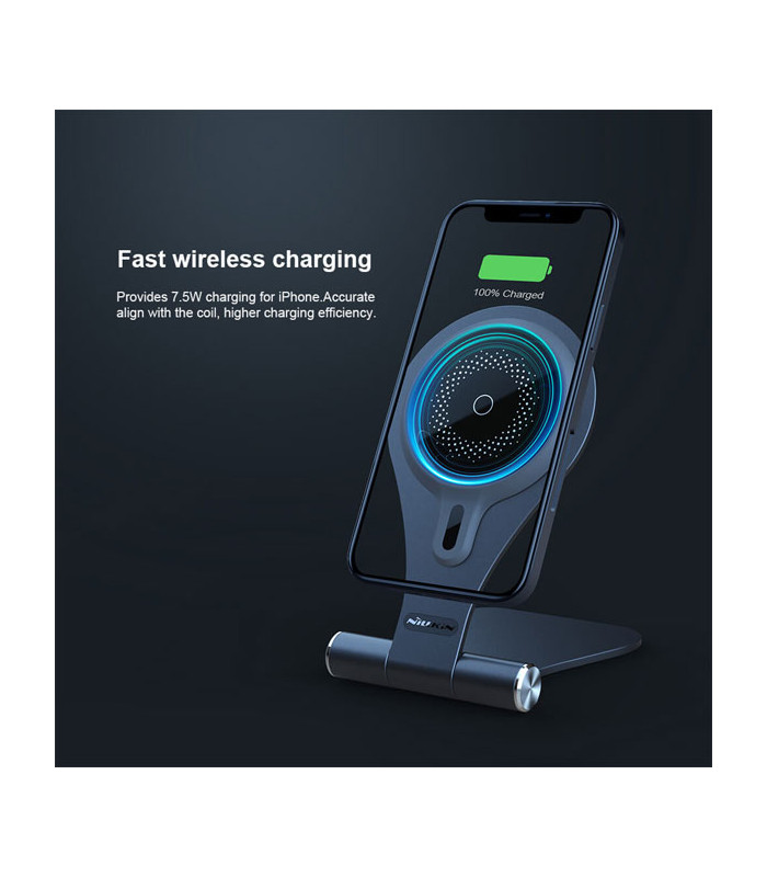 پایه نگهدارنده و شارژر وایرلس رومیزی گوشی موبایل نیلکین مدل NKT11 MagStand
