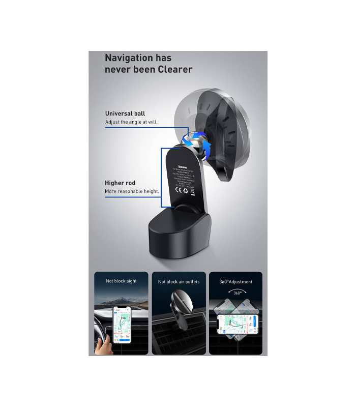 پایه نگهدارنده و شارژر وایرلس گوشی موبایل باسئوس مدل Big Energy Car Mount Wireless Charger WXJN-01