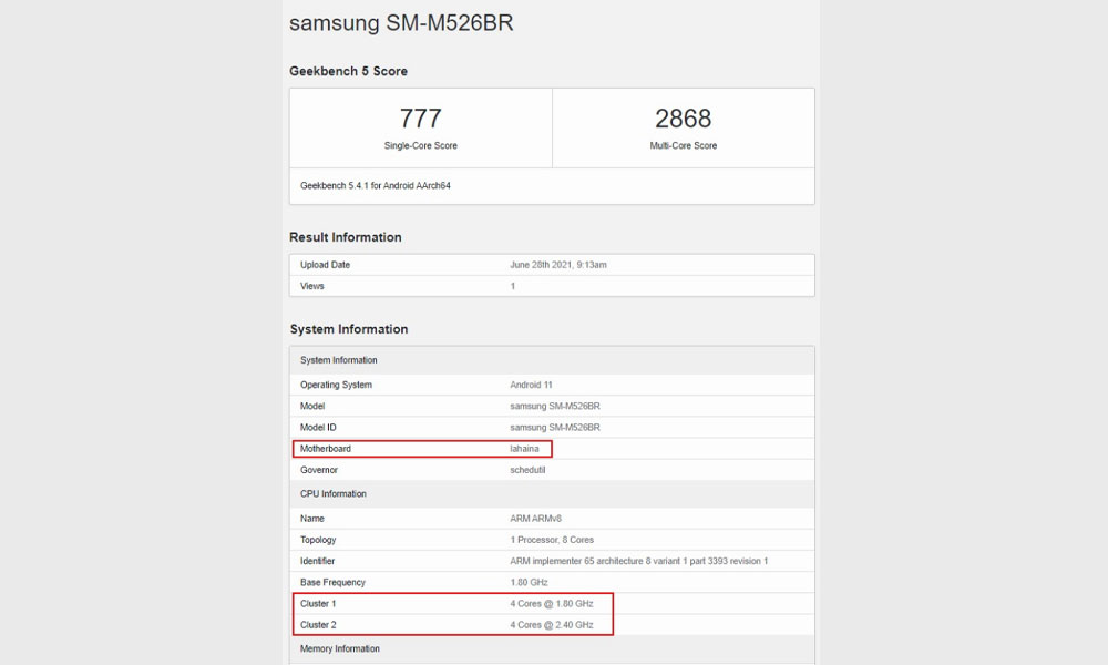 گلکسی M52 5G سامسونگ در گیکبنچ مشاهده شد
